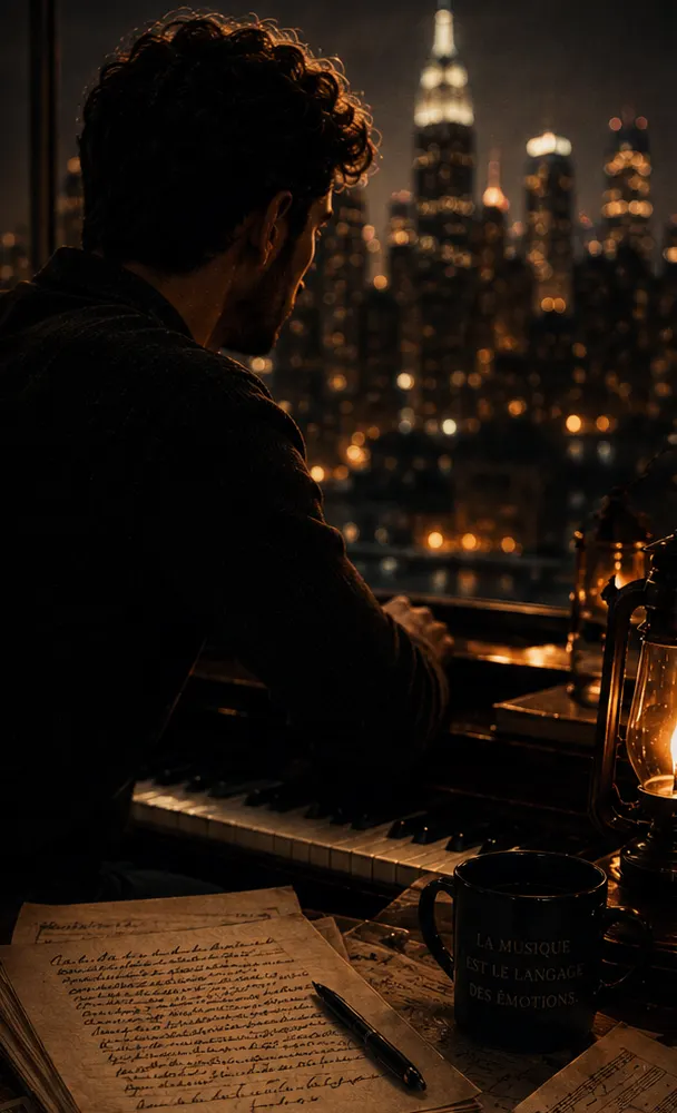 Alfred, de dos, au piano devant une baie vitrée ouvrant sur une ville illuminée la nuit ; des partitions et un carnet manuscrit couvrent la table.
