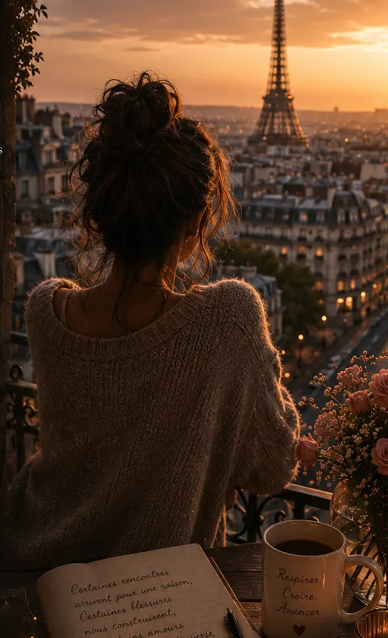 Ariana, de dos sur un balcon parisien au coucher du soleil, un carnet ouvert et un bouquet de roses posés devant elle.