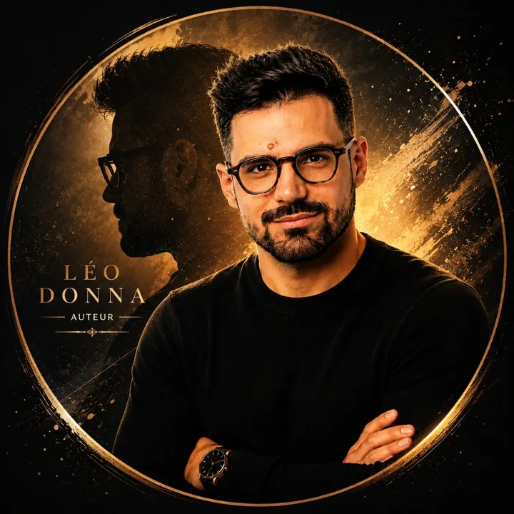 Portrait de Léo Donna, en pull noir et lunettes, éclairé par une lumière chaude.
