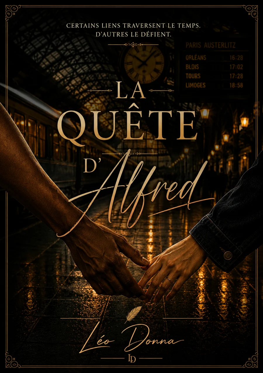 Couverture de La quête d’Alfred : deux mains qui se frôlent sur le quai d’une gare, la nuit, sous une lumière ambrée.