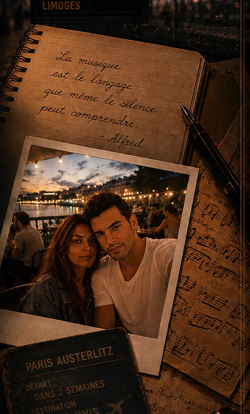Un carnet manuscrit, un stylo et un polaroïd d’Alfred et Ariana posés sur des partitions, près d’un carnet de voyage marqué Paris-Austerlitz.