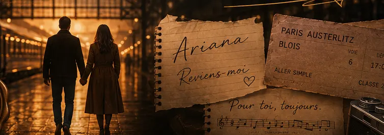 Alfred et Ariana s’éloignent main dans la main sur un quai de gare mouillé, près de lettres manuscrites et d’un billet de train pour Paris-Austerlitz.